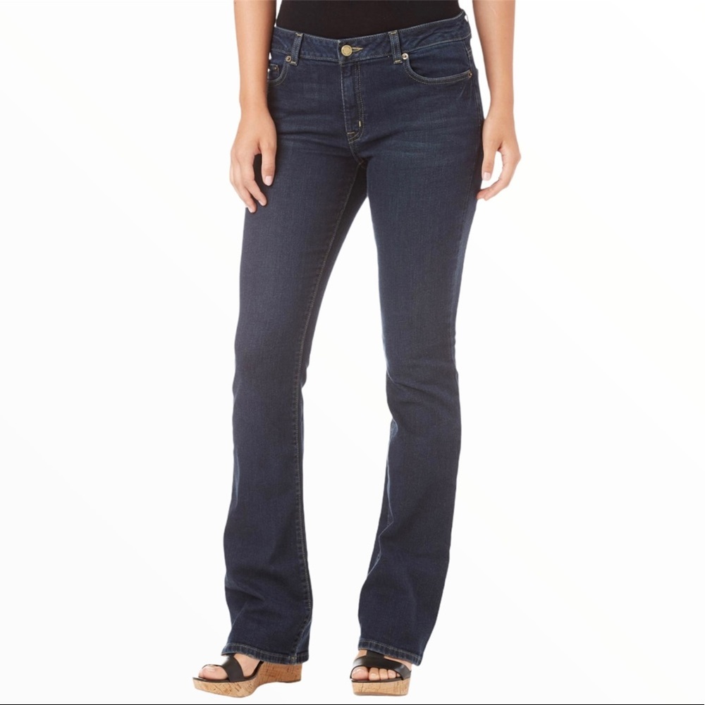 Michael Kors Dark Wash Blue Denim Stretch Bootcut Jeans Mustard Stitch 6